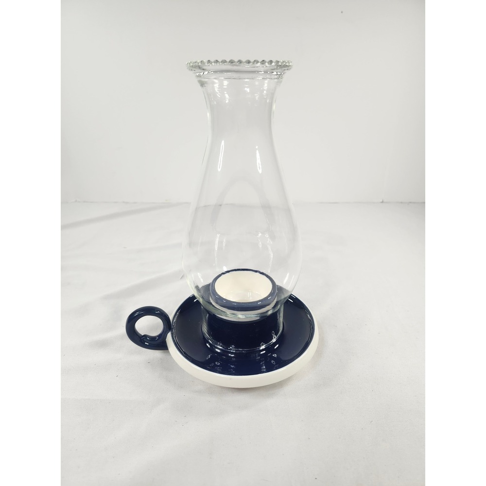 Vintage Navy Blue Ceramic Hurricane Candle Holder Glass‎ Chimney Chamberstick